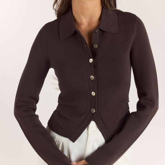 Ribbed Knitted Cardigan - Chocolate