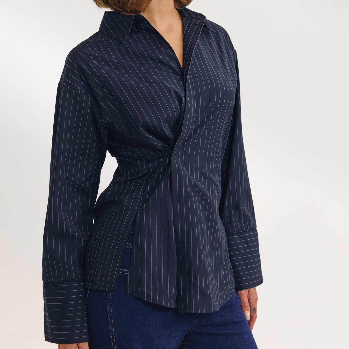 Asymmetric Shirt - Navy Pinstripe