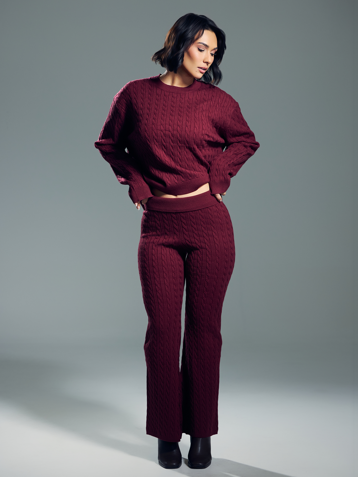 Cable Knit Fold Over Flare Pants