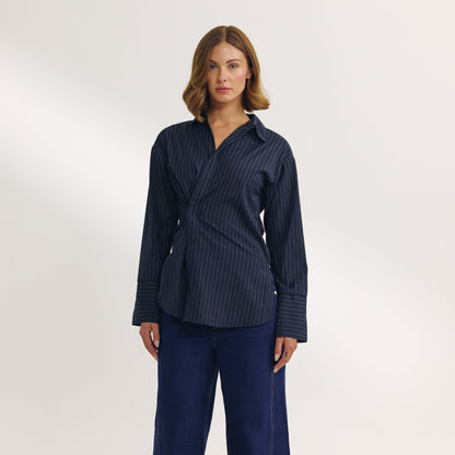 Asymmetric Shirt - Navy Pinstripe