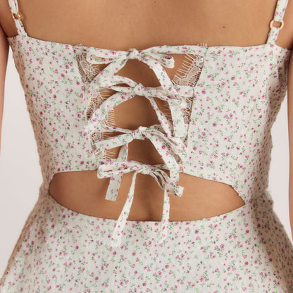 Pleat & Lace Detail Mini Dress - Cream Floral