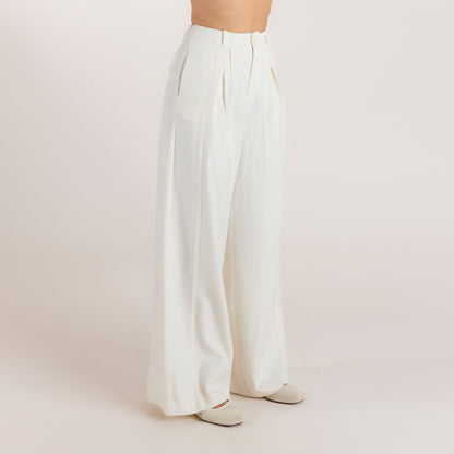 Wide-Leg Pleat Detail Trousers - Off White
