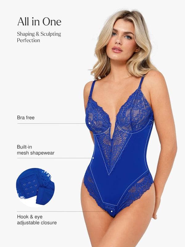 Shapewear Lace Deep V-Neck Sculpting Thong Bodysuit
