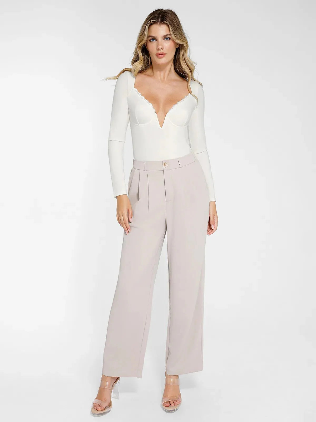 Shapewear Long Sleeve Lace Trim V-Neck Slimming Bodysuit