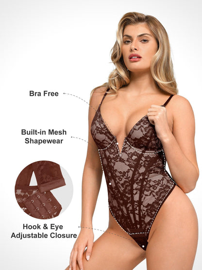 Shapewear Plunging V-Neck Lace Hourglass Corset Bodysuit