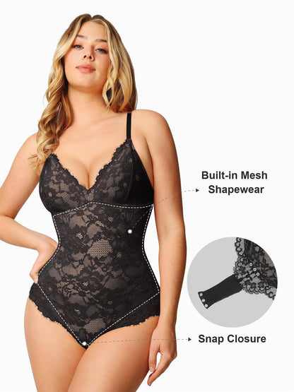 Shapewear Lace Deep-V Neck Bodysuits or Faux Leather Skirts
