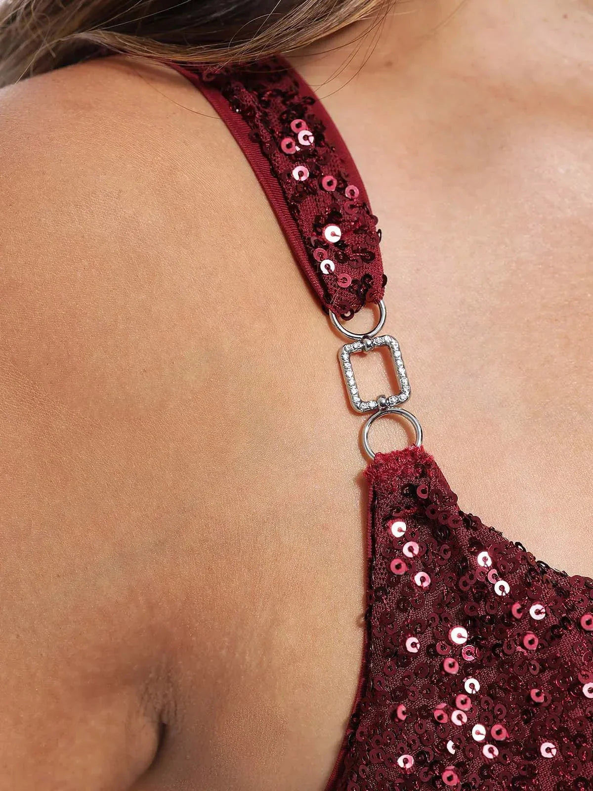 Sequin Cowl Neck Chain Detail Sculpting Bodysuit