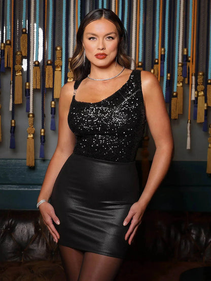 Sequin Cowl Neck Chain Detail Sculpting Bodysuit