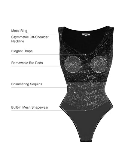 Sequin Cowl Neck Chain Detail Sculpting Bodysuit