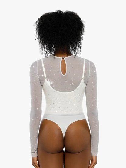Sequin Cowl Neck Chain Detail Sculpting Bodysuit