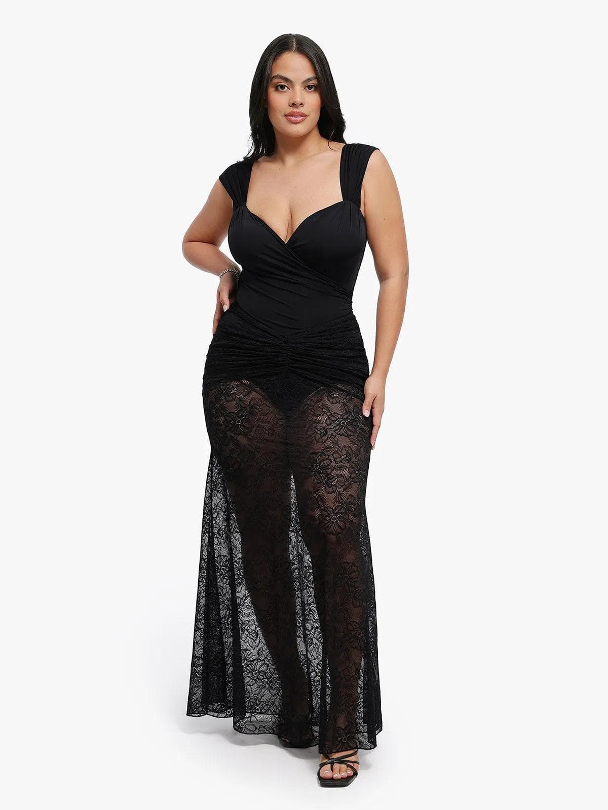 Shapewear Cap Sleeve Bodysuit Lace Fishtail Coverup Skirt Set