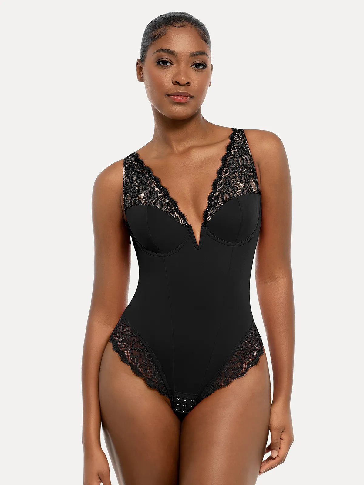 Shapewear Deep V-Neck Sculpting Lace Inset Bodysuit