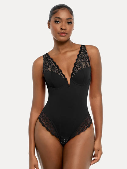 Shapewear Deep V-Neck Sculpting Lace Inset Bodysuit