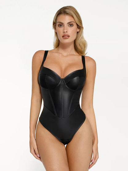 Shapewear Faux Leather Hourglass Corset Bodysuit
