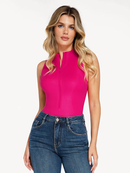 Shapewear Faux Leather Mock Neck Zip Front Sculpting Bodysuit