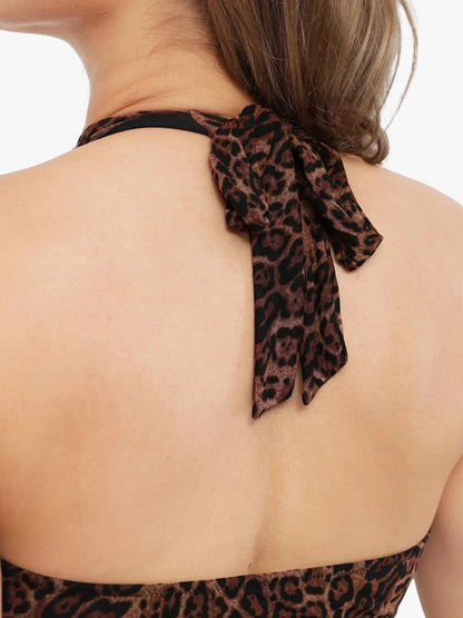 Shapewear Leopard Cowl Neck Halter Tummy Control Bodysuit