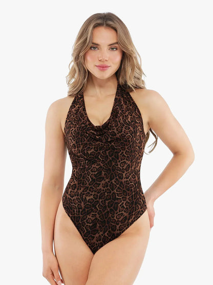 Shapewear Leopard Cowl Neck Halter Tummy Control Bodysuit