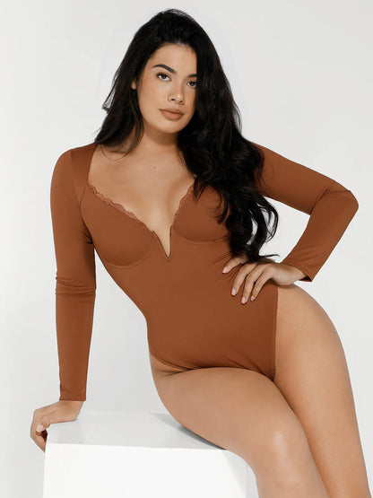 Shapewear Long Sleeve Lace Trim V-Neck Slimming Bodysuit