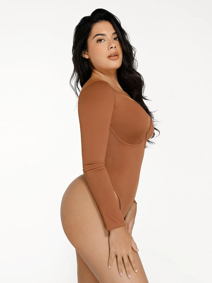 Shapewear Long Sleeve Lace Trim V-Neck Slimming Bodysuit