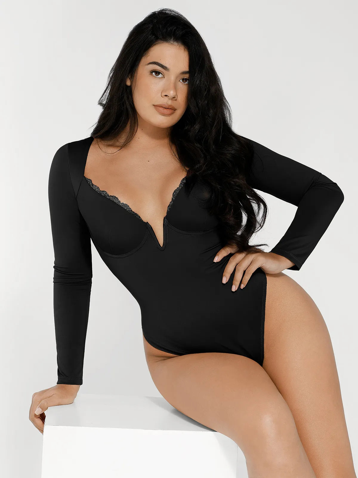 Shapewear Long Sleeve Lace Trim V-Neck Slimming Bodysuit