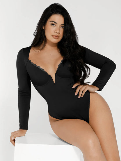 Shapewear Long Sleeve Lace Trim V-Neck Slimming Bodysuit