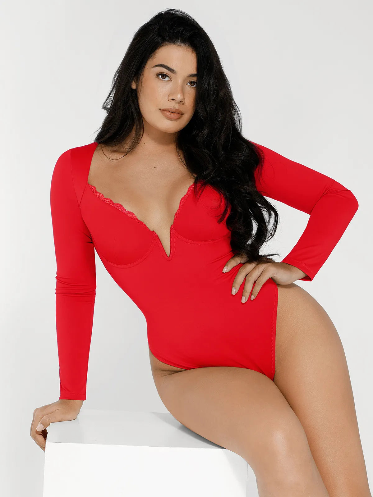 Shapewear Long Sleeve Lace Trim V-Neck Slimming Bodysuit