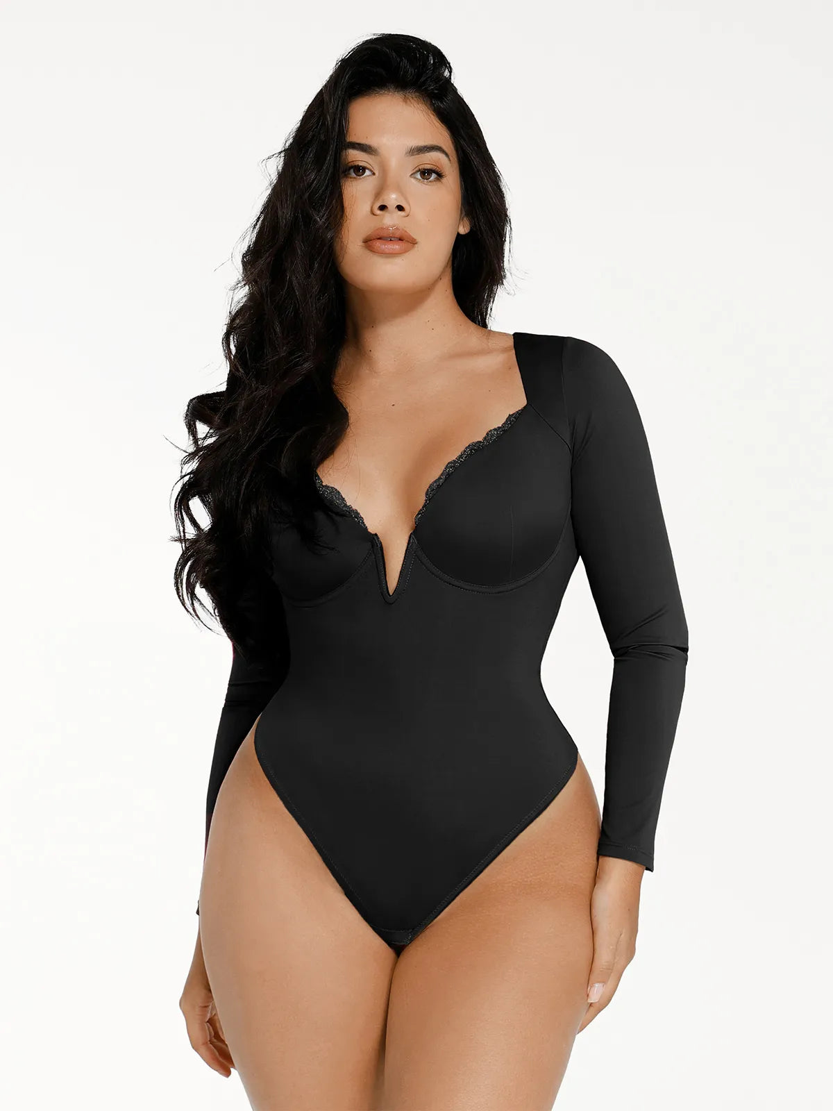Shapewear Long Sleeve Lace Trim V-Neck Slimming Bodysuit