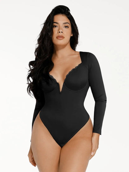 Shapewear Long Sleeve Lace Trim V-Neck Slimming Bodysuit