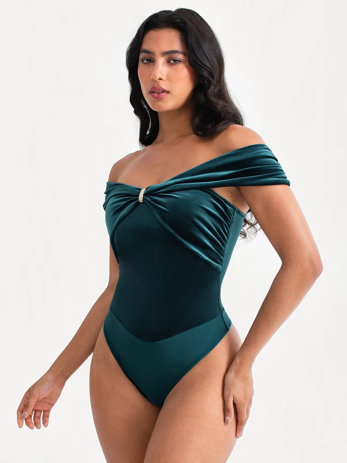 Velvet Twist Front Off-The Shoulder Sculpting Bodysuit