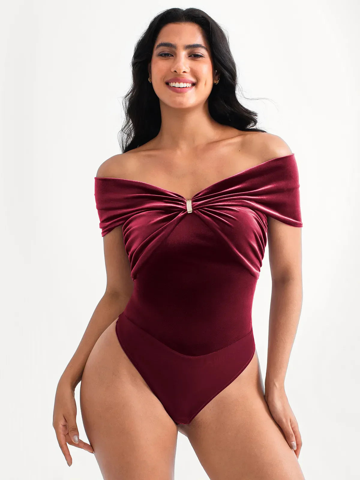 Velvet Twist Front Off-The Shoulder Sculpting Bodysuit