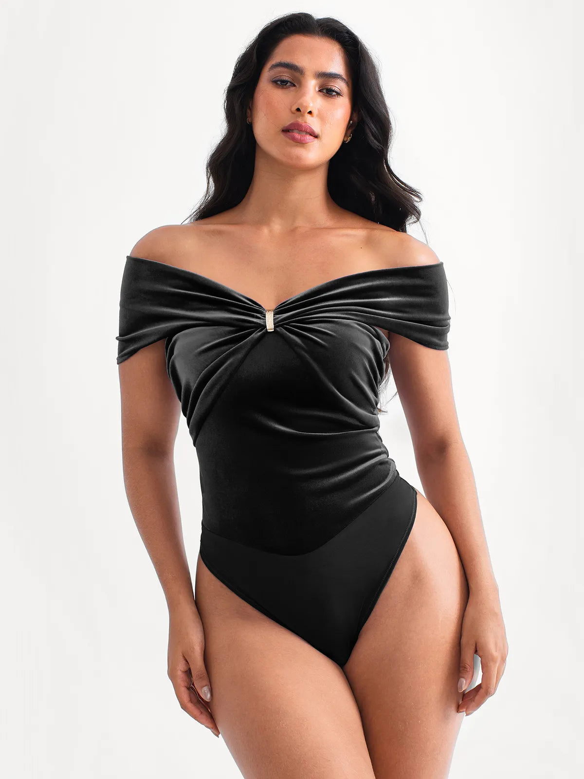 Velvet Twist Front Off-The Shoulder Sculpting Bodysuit