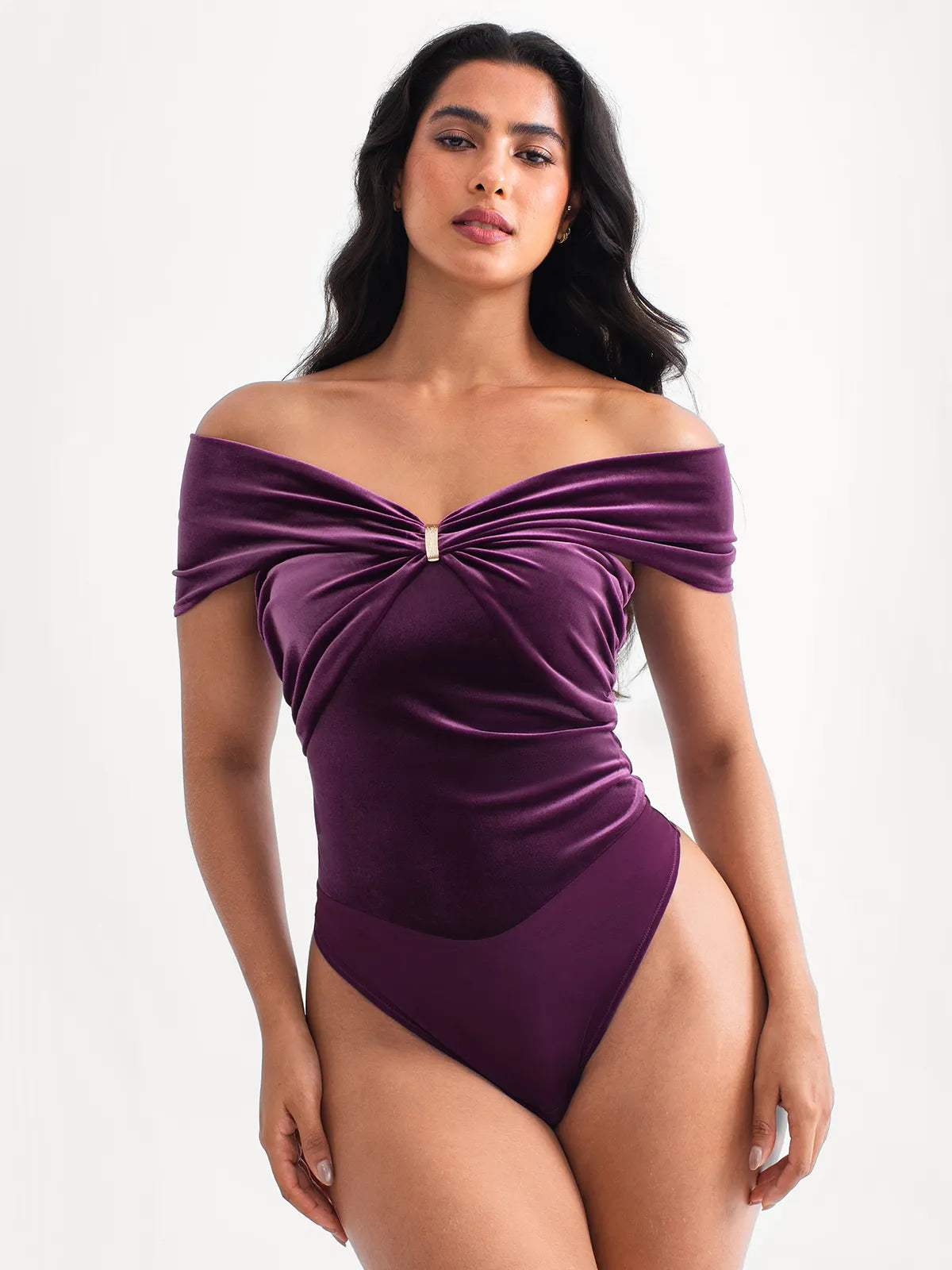 Velvet Twist Front Off-The Shoulder Sculpting Bodysuit