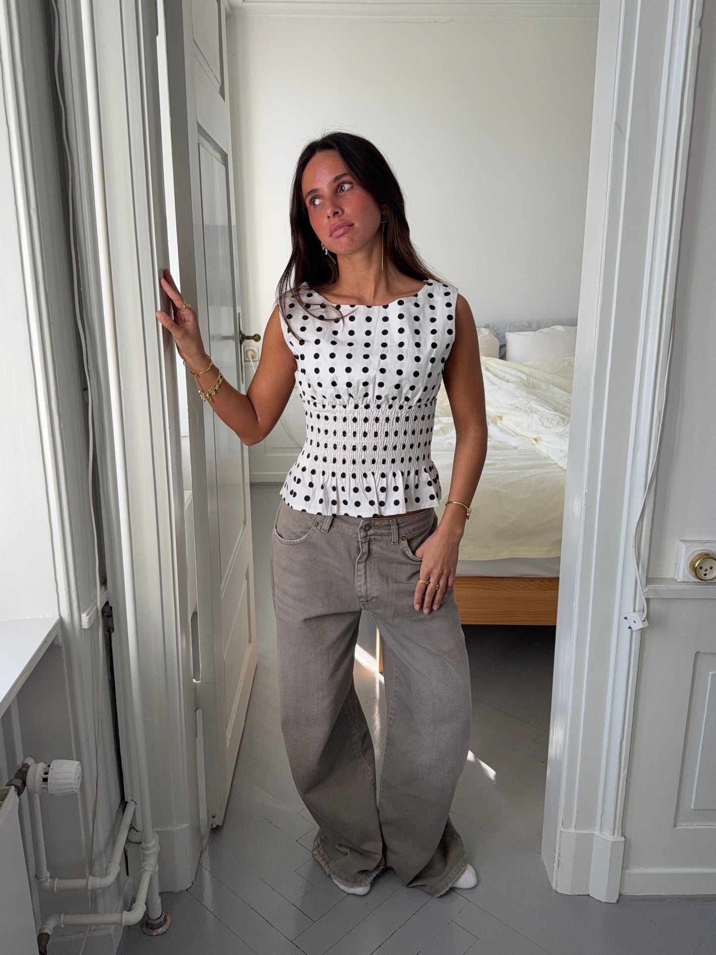 Cathrine smock polka dotted top - White/black